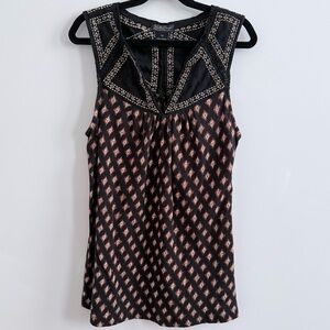 LUCKY BRAND Top Sleeveless Embroidered Ikat Print